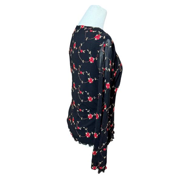 Vintage 90s Y2K Shirt Women Medium Black Mesh Lettuce Hem Sheer Floral Red Rose - Picture 4 of 11